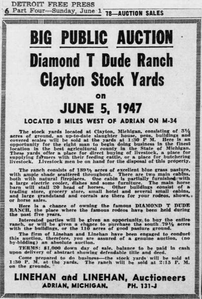 ranch auction notice 1947 Diamond-T Ranch Drive-In Theatre, Clayton